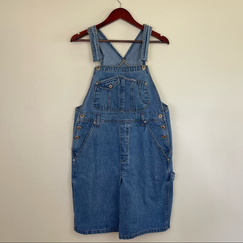 VTG SQUEEZE Jean Shortalls Denim Bib Overalls Shorts 90s Y2K Blue Carpenter Sz M